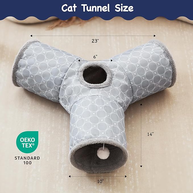 Tempcore Pet Cat Tunnel Tube Cat Toys 3 Way Collapsible, Cat Tunnels for Indoor Cats Fleece-Lined in for Warmth,Kitty Tunnel Bored Pet Toys Peek Hole Toy Ball Cat, Puppy, Kitten, Geometry Grey