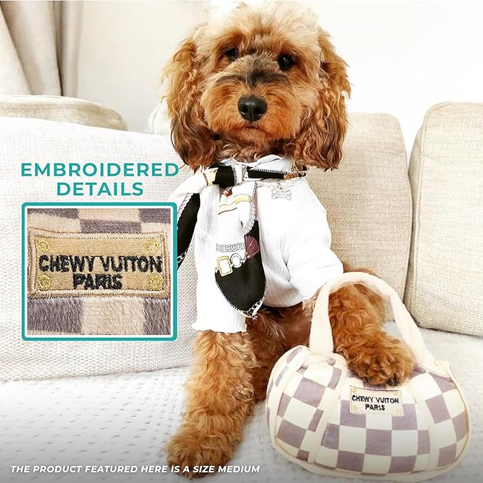 Haute Diggity Dog Medium Checker Chewy Vuiton Plush Dog Toys for Small, Medium & Large Dogs, 3-Pack Durable Stuffed Designer-Inspired Pet Toys with Interactive Squeaker, Machine-Washable & Safe