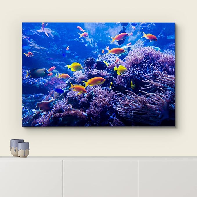 wall26 Canvas Print Wall Art Purple Blue Vibrant Anemone Coral Reef Fish Nature Animals Photography Realism Rustic Scenic Landscape Wilderness Colorful for Living Room, Bedroom, Office - 16"x24"
