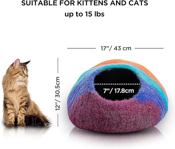 Woolygon Premium Felt Cat Cave Bed โ Wool Kitty Beds Handcrafted Kitten Caves Bed for Indoor Cats - Made from 100% Eco-Friendly Merino Wool, Foldable Cat Hidewawy Covered Cat House Pod (Rainbow Twist)