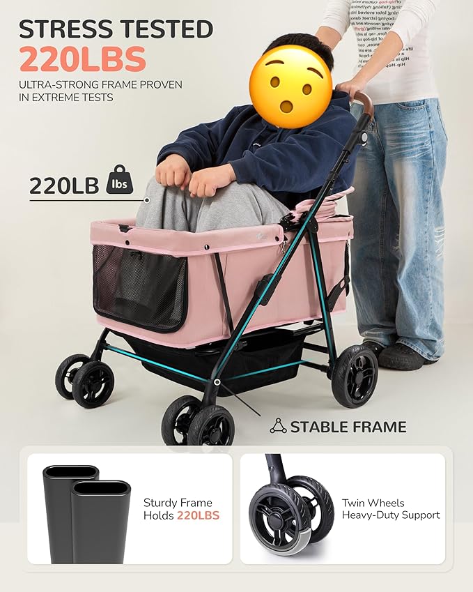 Dog Stroller for Large & Medium Dogs (20–132 lbs), Pet Stroller for 2 Small Dogs, Extra Large Heavy Duty, Foldable & Ventilated, Pink or Navy
