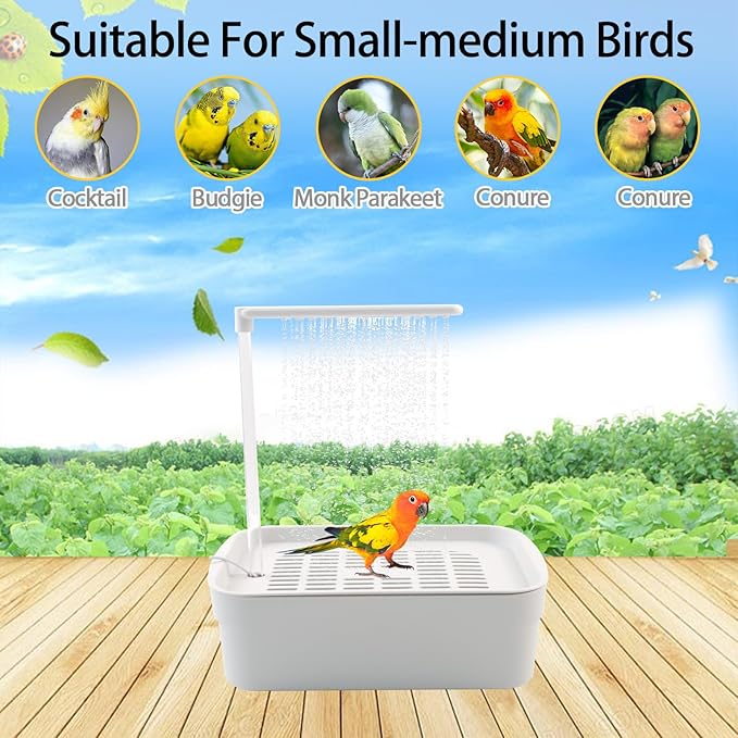PINVNBY Automatic Bird Bath with Pump,Parrot Bathtub Shower Parakeet Bath Box with Cage USB & Power Plug Water Circulated Controller for Cockatiel Lovebird Conure Budgie(White)
