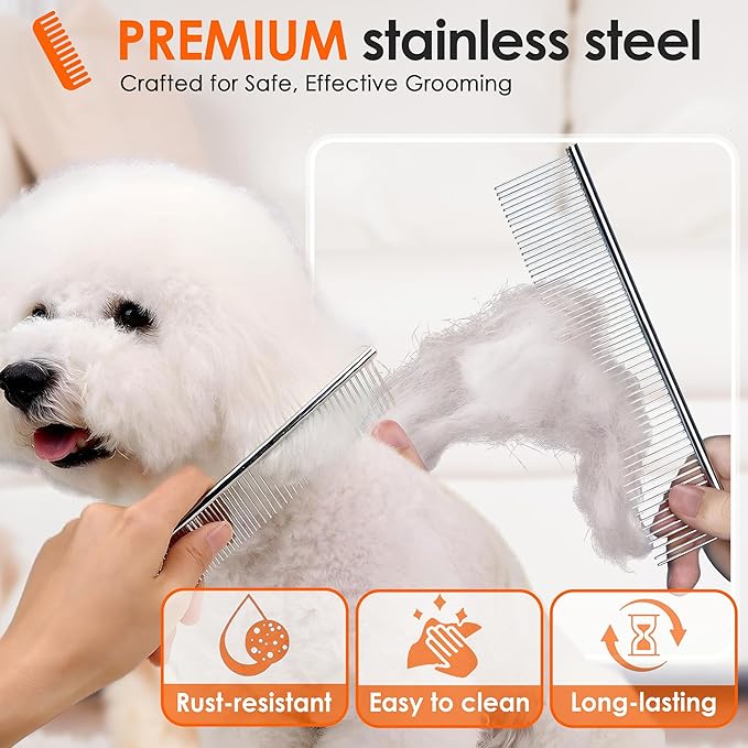 Dog Comb to Remove Tangles and Knots, Cat Comb with Stainless Steel Teeth and Non-Slip Handle, Dog combs for grooming matting for Long Haired Pets (Small)