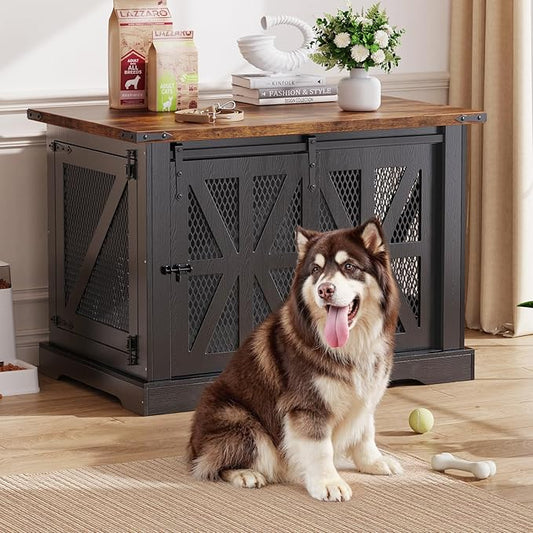 VOPEAK 43.3" XL Dog Crate Furniture, Chew Resistant Dog Crate for Medium Large Dogs, Heavy Duty Extra Large Dog Crate Dog Kennel Indoor with Double Doors, Wooden End Table for Living Room, Black