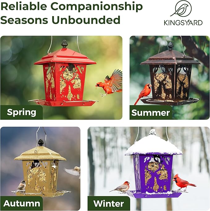 Kingsyard Metal Bird Feeder for Outdoor Hanging - Unique Design Wild Bird Hopper Feeder with 4 Perches and Rainproof Roof, Antique Copper