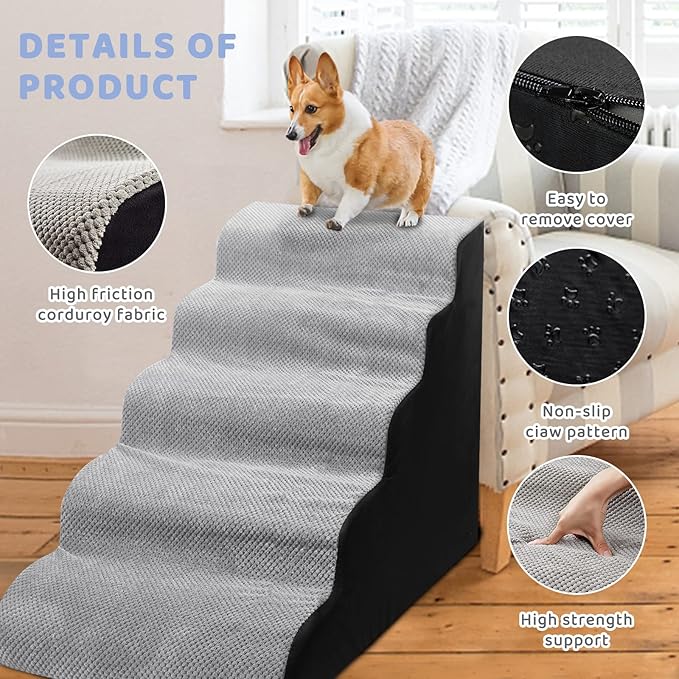 Foam 5 Step Dogs Stairs & Steps Ramps for High Beds 25-30inches, LitaiL 25inch High Pet Stairs/Steps for High Beds, High Density Dog Ramps/Ladders Best for Older Dogs/Cats