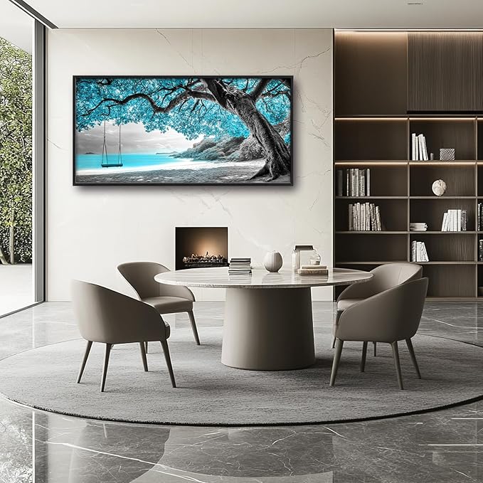 Extra Large Framed Abstract Tree Wall Art,Black and White Tree of Life Wall Decor,Blue Teal Sea Pictures for Living Room,Canvas Print Painting Modern Artwork Bedroom Office Bathroom 60L x 30W