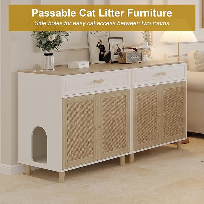 Cat Litter Box Enclosure Furniture Hidden - Indoor 2-in-1 Wooden Cat House & Washroom Cabinet with Scratching Board Doors and Drawer, 31.5”x21.6”x34.6”H