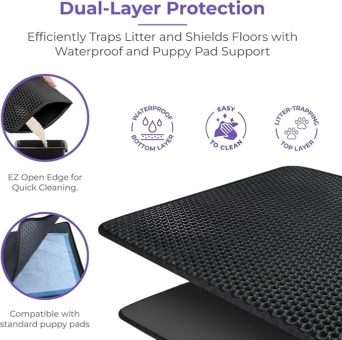 iPrimio Large Cat Litter Trapper Mat with Exclusive Urine/Waterproof Layer - Cat Litter Mat - Larger Holes with Urine Puppy Pad Option for Messy Cats - Soft on Paws and Light - 30" x 23" (Black) - 2pk