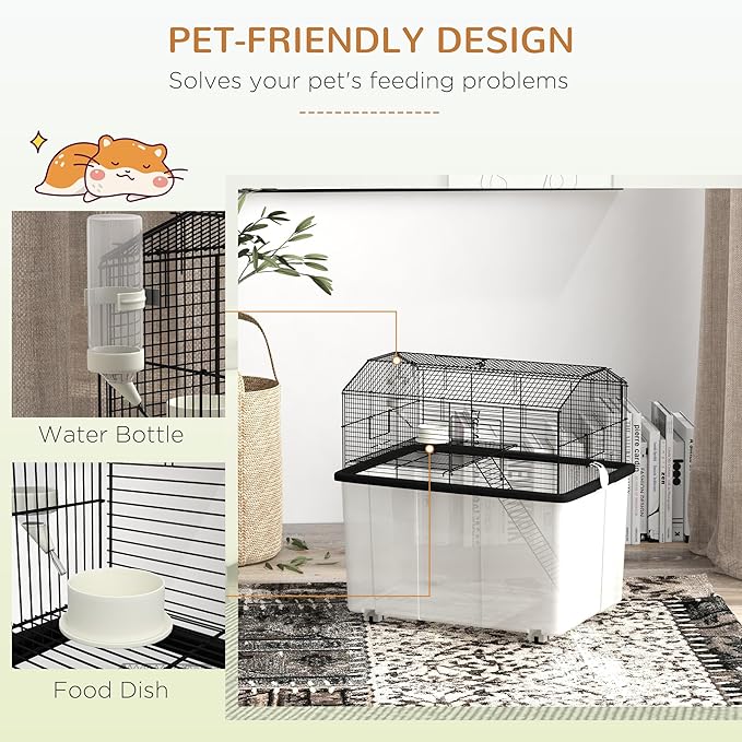 PawHut Hamster Cage, Gerbil Cage 2 Tier with Wheels, Deep Bottom, Ramp, Food Dish, Water Bottle, for Dwarf Hamster, Syrian Hamster, 57 x 43 x 57cm - Black