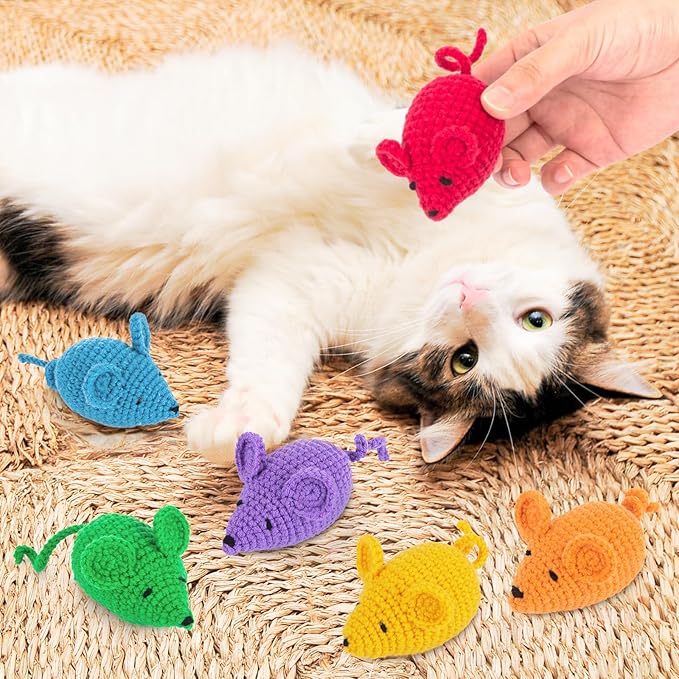 Retro Shaw Catnip Toys Crochet Mouse, 6 Pcs Yarn Cat Nip Mice Safe Teeth Cleaning Chew Toy for Indoor Kittens Kitty, Interactive Catnip Cat Kicker Toys