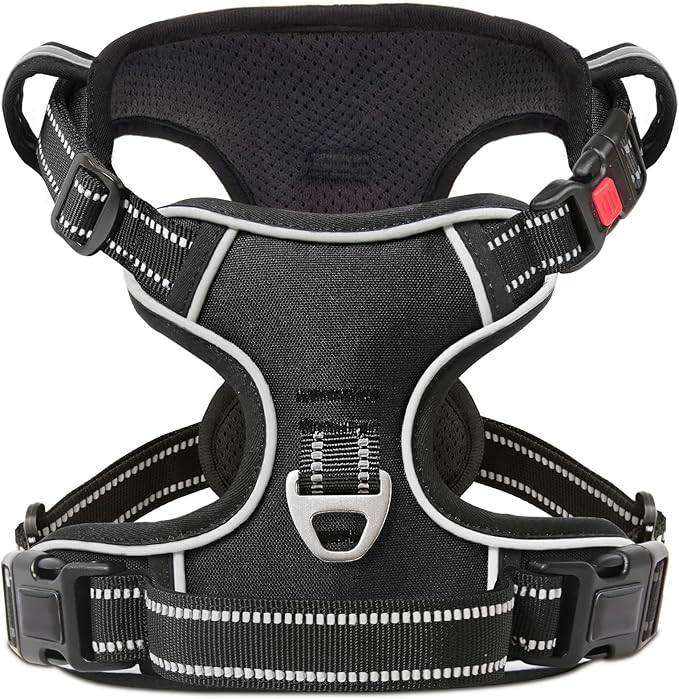 Timos No Pull Dog Harness, Release at Neck Reflective 3 Snap Buckles Adjustable No Choke Pet Vest with Front & Back 2 Leash Clips, Soft Padded Control Training Handle for Small Medium Large Dogs