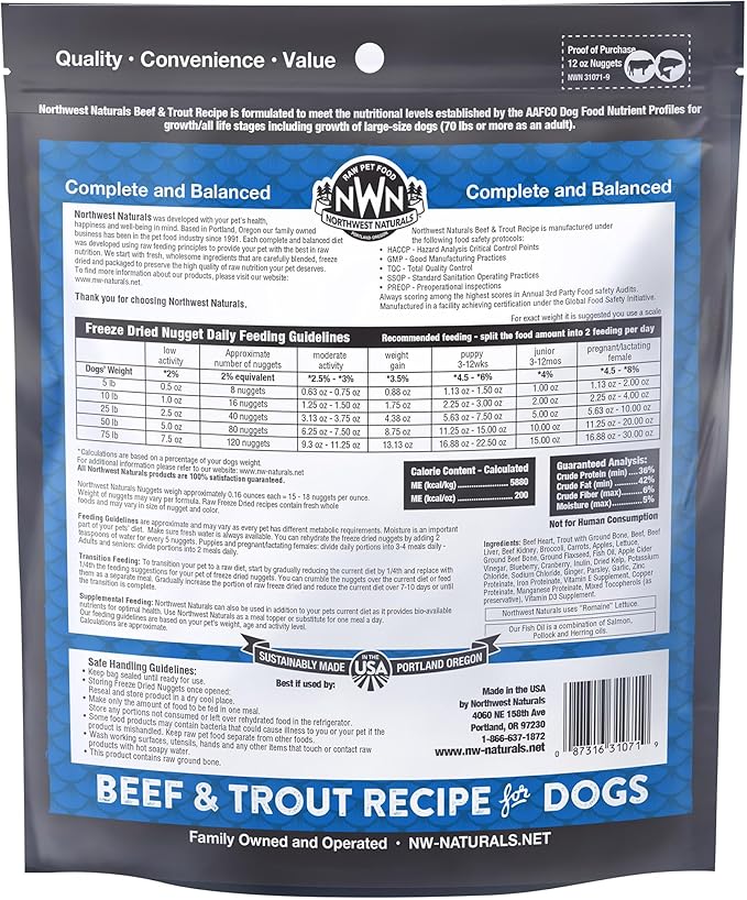 Northwest Naturals Freeze-Dried Beef & Trout Dog Food - Bite-Sized Nuggets - Grain-Free, High-Protein, Raw Diet, Human-Grade Ingredients, All Natural, Omega-3 for Skin & Coat, Made in USA, 12 Oz