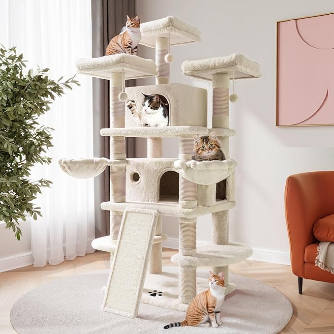 SHA CERLIN 68 Inches Multi-Level Large Cat Tree for Large Kitties/Big Cat Tower with Condo/Cozy Plush Pussycat Perches/Sisal Scratching Posts and Hammocks/Activity Center/Beige