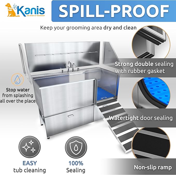 KANIS Professional Dog Washing Station - 304 Stainless Steel Pet Wash Sink & Grooming Bath Tub for Home with Ramp, Shower, Floor Grate, Storage Drawers, and Faucet for Large, Medium & Small Pets