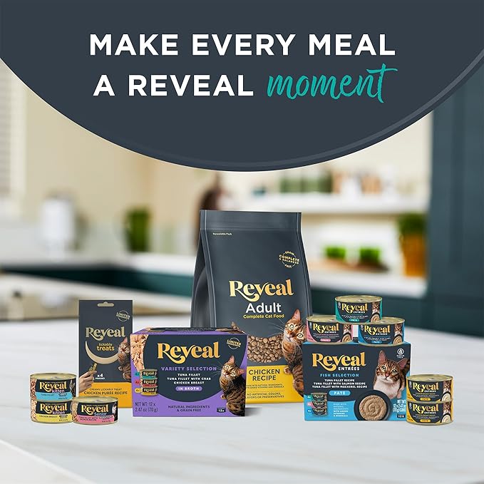 Reveal Entrées Natural Wet Cat Food Paté, Grain-Free with Added Vitamins & Minerals, Carrageenan-Free Tuna Fillet with Mackerel Paté Recipe (24 x 2.47 oz Cans)