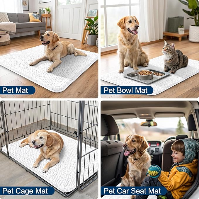 Smiry Dog Door Mat for Muddy Paws 24x16, Absorbs Moisture and Dirt Doormat, Non-Slip Washable Quick Dry Chenille Front Door Mat Indoor Entrance, Entryway Carpet for Inside Floor, White