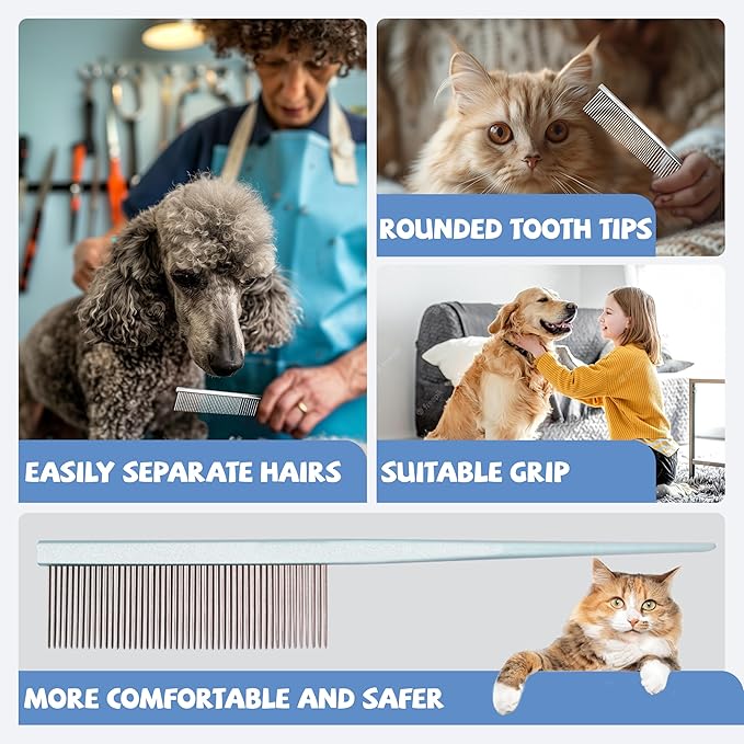 Grooming Pet Comb Rat Tail Dematting Cat and Dog Comb,Rounded Ends Design for Safe Tangle Removal, Hairstyling, Massage,Loose Hair Removal,Prevent Irritation,Fluffing Paws,Face,Tail,Remove Tear Stain