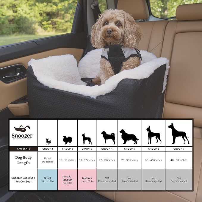 Snoozer Dog Car Seat, Lookout I Dog Booster Car Seat for Small Dogs Under 25lbs, Size: Medium, Fabric: Merlin Camel, Pet Car Seat to Alleviate Car Sickness for Dogs, Removable Machine Washable Cover