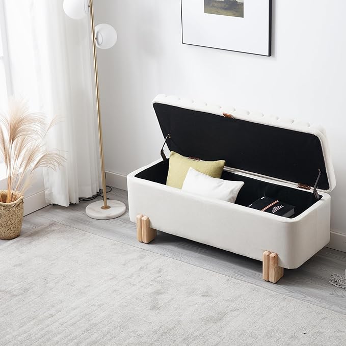 Wavy Ottoman Storage Bench Multi-Functional Narrow Entryway Bench Elegant End of Bed Bench with Storage and Safty Hinge for Living Room Entryway Hallway Bedroom Boutique, Beige