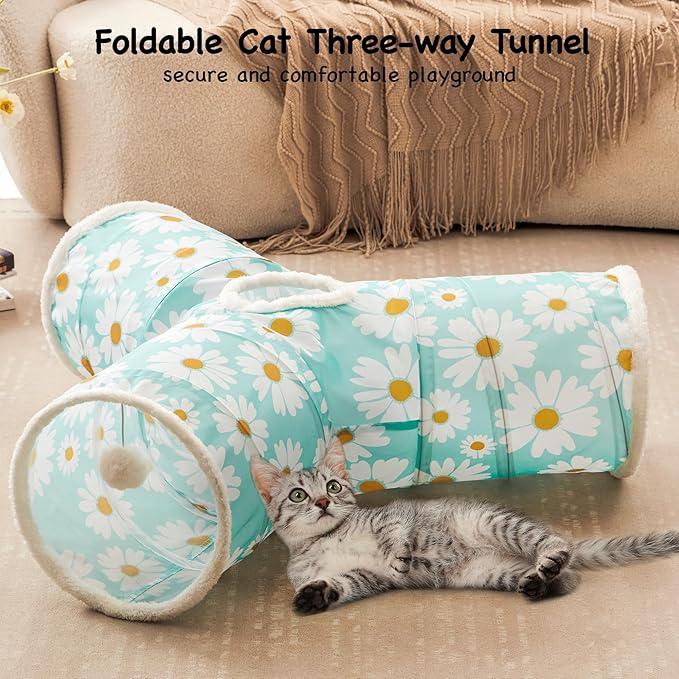 Tempcore Pet Cat Tunnel Tube Cat Toys 3 Way Collapsible, Cat Tunnels for Indoor Cats,Kitty Tunnel Bored Pet Toys Peek Hole Toy Ball, Puppy, Kitty, Kitten, Rabbit Daisy Blue Printed
