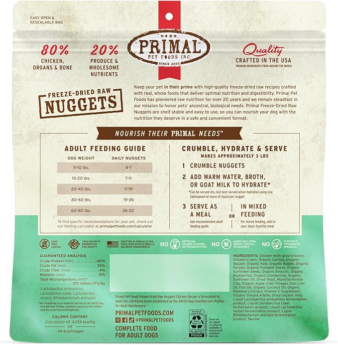 Primal Freeze Dried Dog Food Nuggets, Chicken, Complete & Balanced Meal, Also Use as Topper or Treat, Premium, Healthy, Grain Free, High Protein Raw Dog Food, 14 oz (Pack of 4)
