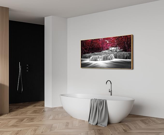 Lasdel Natural Extra Framed Canvas Wall Art of Wide Waterfall & Red Leaves Picture For Bedroom,Burgundy Nature Black White Artwork Decor,Beautiful Maple Leaves Landscape Print Painting,30x60