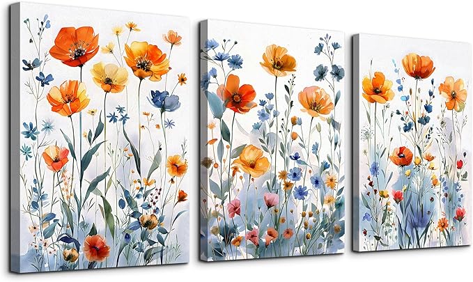TTHYUEWS Boho Wall Art for Living Room Canvas Wall Decor for Bedroom Modern Wall Decorations For Dining Room Family Wall Pictures Artwork Flowers Watercolour Paintings Posters Home Decor 3 Piece