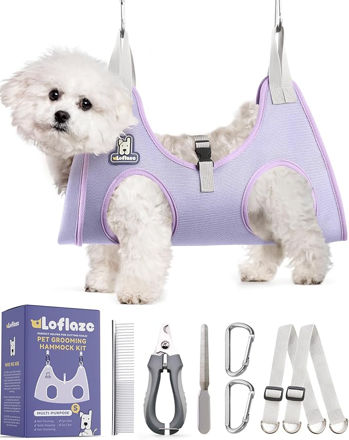 Dog Grooming Hammock Harness for Dogs & Cats with Pet Nail Clipper Trimmer - Cat Hanger Sling for Trimming Clipping Nails- Dog Hammock Restraint Bag for Small Medium Large pet ( Purple S)