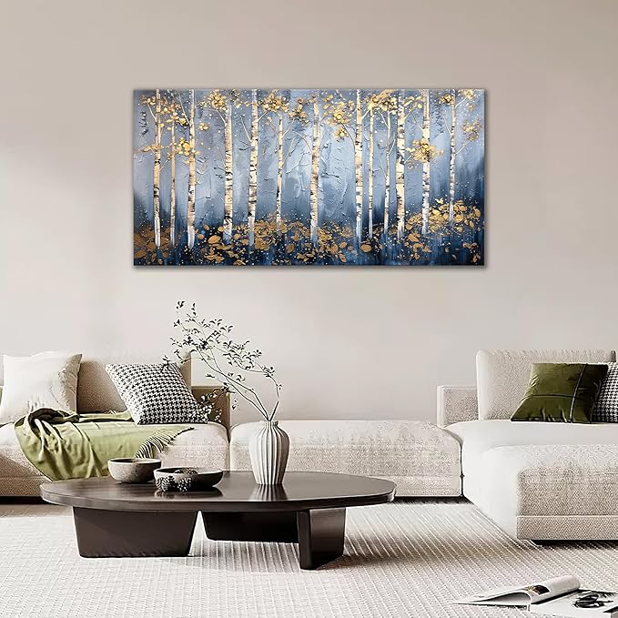 Large White Birch Wall Art Forest Golden Leaves Canvas Living Room Nature Landscape Pictures Framed Prints Oversize Wall Decor Painting Artwork for Bedroom Dining Home 60"x30"