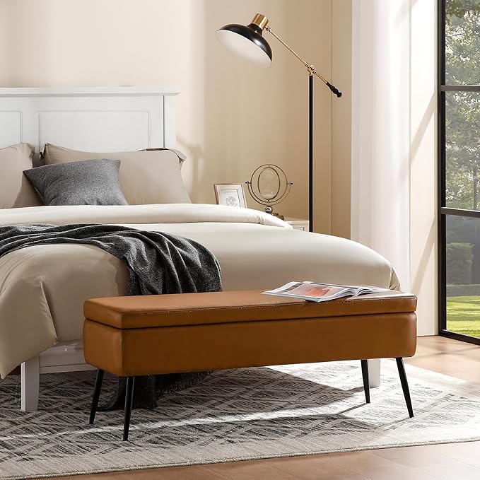 Leather Storage Ottoman Bench,End of Bed Bench for Living Room Bedroom Dinning Room Entryway,Mid-Century Modern,Faux Leather,with Steel Legs,Safety Hinges,Loads 660 lb (Without Button, Brown)