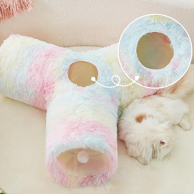 Tempcore Plush Pet Cat Tunnel Tube Cat Toys 3 Way Collapsible, Tunnels for Indoor Cats,Kitty Tunnel Bored Pet Toys Peek Hole Ball Puppy, Kitty, Kitten, Rabbit Rainbow