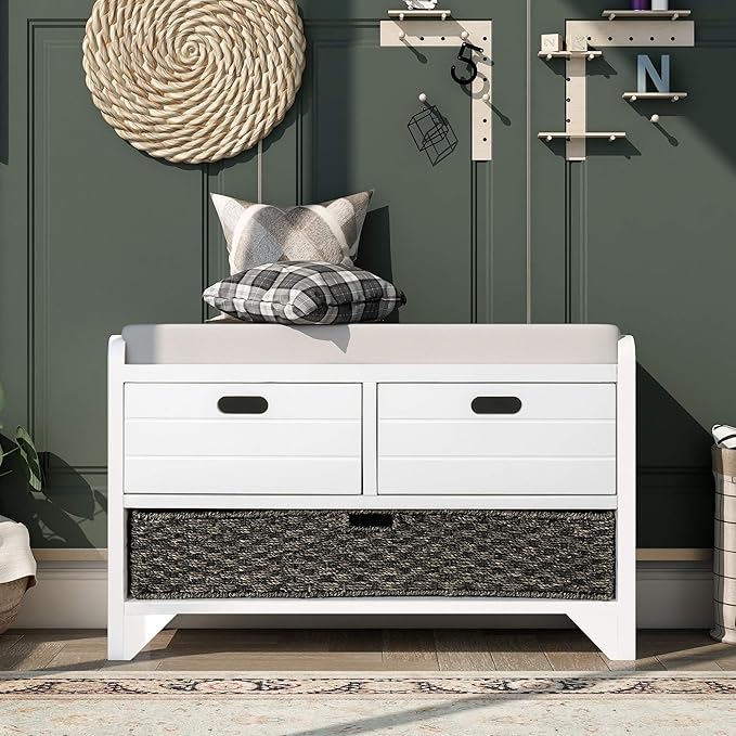 Storage Bench Removable Basket 2 Drawers Fully Assembled Acacia Wood Shoe Bench Standing Shoe Rack Removable Cushion for Living Room, Entrance Hallway, No Assembly Required White