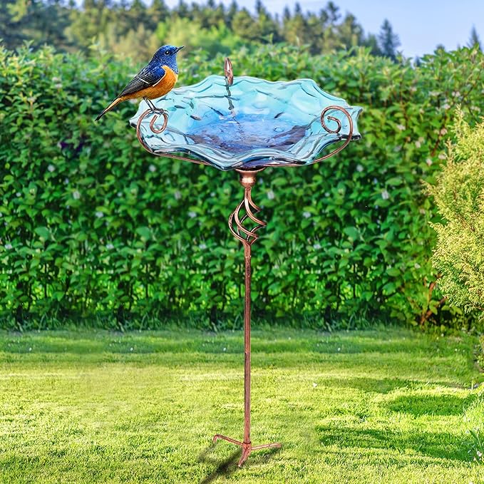 VCUTEKA Outdoor Bird Bath Glass Birdbath Garden Bird Feeder with Metal Stake Blue