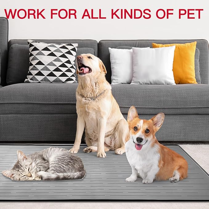 39.4"x29.5" Largest Pet Food Mat, Silicone Dog Mats for Food and Water, Nonslip Pet Feeding Mats for Floors,Dog Cat Bowl Mat with Raised Edges, Gray Blue