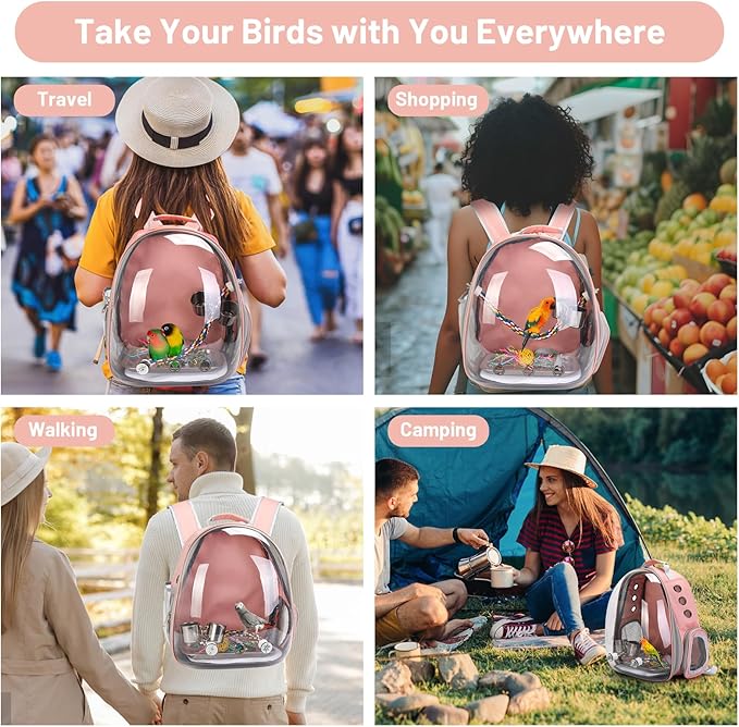 Bird Backpack Carrier, Travel Bird Cage for Small Medium Size Parrot Parakeet Budgies Cockatiel, Portable Clear Bubble Window Bag with Stainless Steel Tray Food Bolw Standing Perch (Pink)