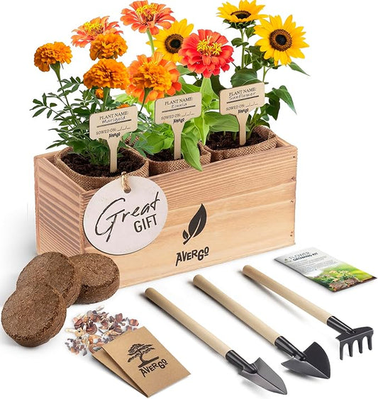 Sunflower, Marigold & Zinnia Flower Seeds Growing Kit β Complete Indoor & Outdoor Kit with Seeds for Planting, Planters, Soil, Tools, Instructions β Ideal for Gift Giving