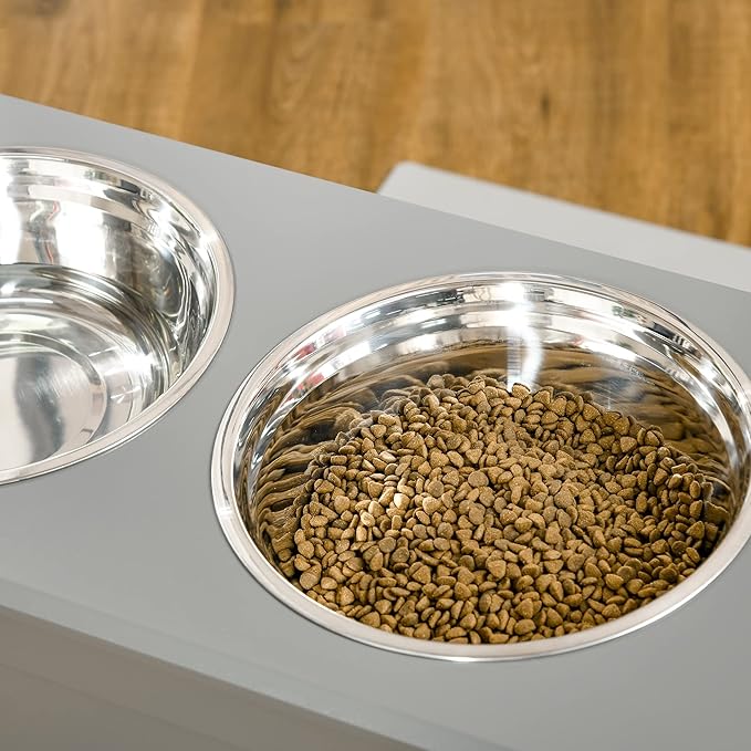 PawHut Raised Pet Feeding Storage Station with 2 Stainless Steel Bowls Base for Large Dogs and Other Large Pets, Gray