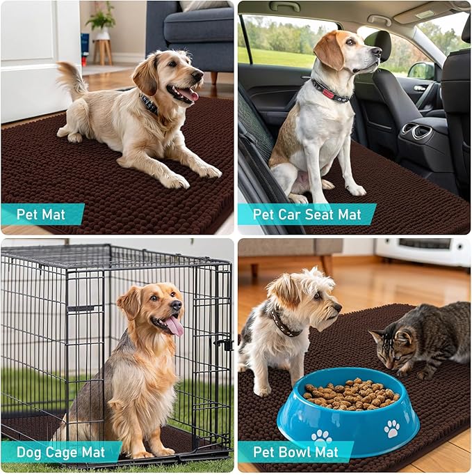 OLANLY Dog Door Mat Set 2-Piece 30x20, Absorbs Moisture and Dirt, Absorbent Non-Slip Washable Doormat, Quick Dry Chenille Mud Mat for Dogs, Entry Indoor Entryway Carpet for Inside Floor, Brown