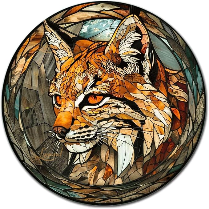 Lygond Metal Sign Tin Sign Circular Stained Glass Bobcat Funny Outdoor Decor for Club 8×8 Inches