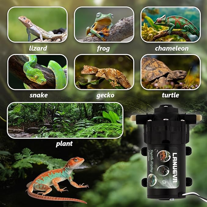 LANUEVA Reptile Humidifier, Quieter Mister Fogger for Terrarium with 4 Single Misting Nozzle + 2 Double Misting Nozzle, Automatic Spray System for Chameleon, Lizard, Snake, Frog (with Outlet Timer)