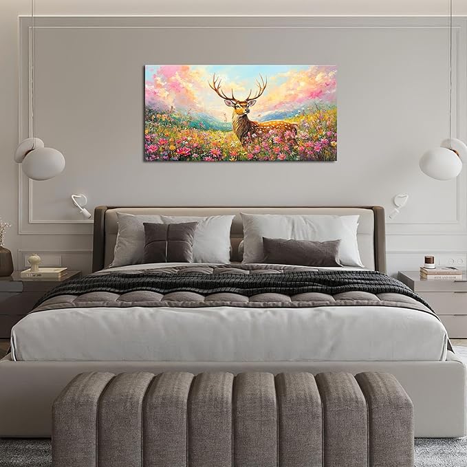Deer Large Wall Art Wildflower Landscape Pictures Rustic Flowers Wall Decor Wild Animal Nature Canvas Print Painting Artwork for Bathroom Living Room Bedroom 30"x60"