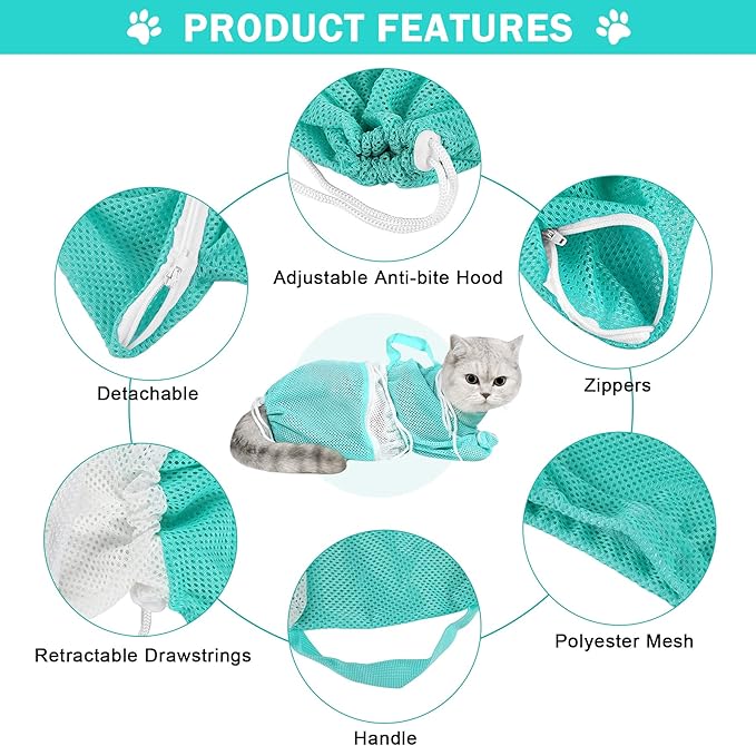 JULMELON Cat Washing Bag 10 PCS Set, Adjustable Cat Shower Net Bag and Pet Grooming Brush with Nail Clipper Nail File Hair Combs Tick Tool Nail Caps for Bathing Nail Trimming Examination(Grey+Green)