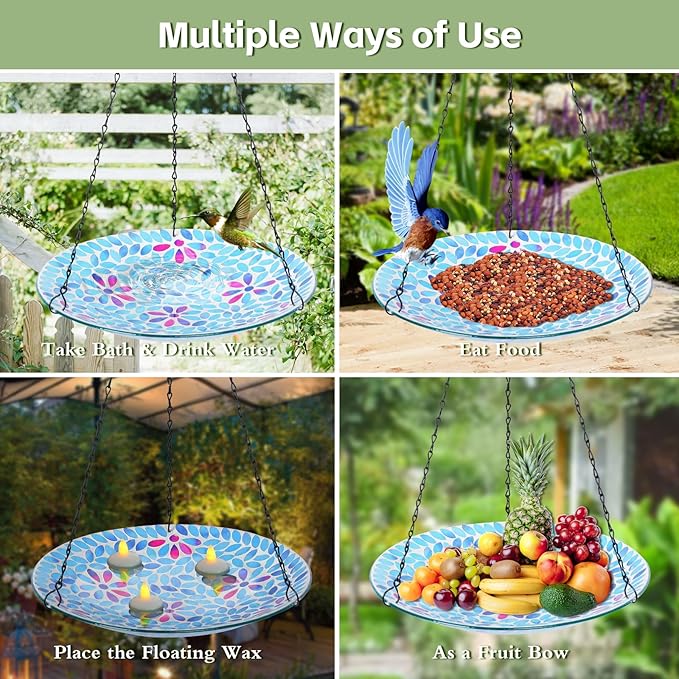MUMTOP Mosaic Hanging Bird Bath-Bird Baths for Outdoors - 12 Inch Glass Bird Water Bowl Bird Feeders for Outside, Garden, Lawn Yard Decor(Blue)