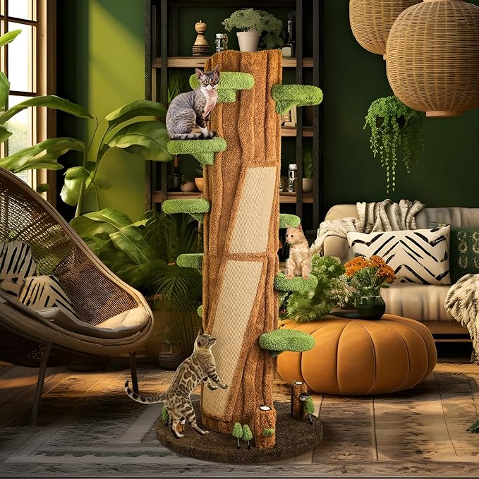 90.5'' Luxury Cat Tree with Scratching Pad, Wooden Cat Tower for Indoor Cats, Large Climber Tower, Tall Kitty Furniture, Multi-Level Condo for Multi-Cat Families