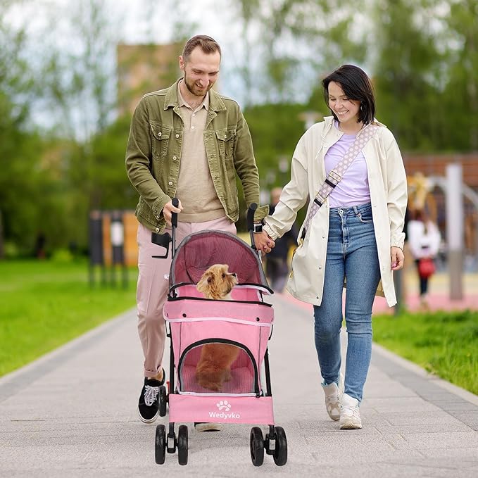 Umbrella Dog Stroller, 4 Wheels Pet Strolling, Foldable Carrier Pet Stroller for Small Dogs Cats, with Carrying Strap and Cup Holder, Dog Poop Bags & Dispenser, Up to 33 lbs, Pink