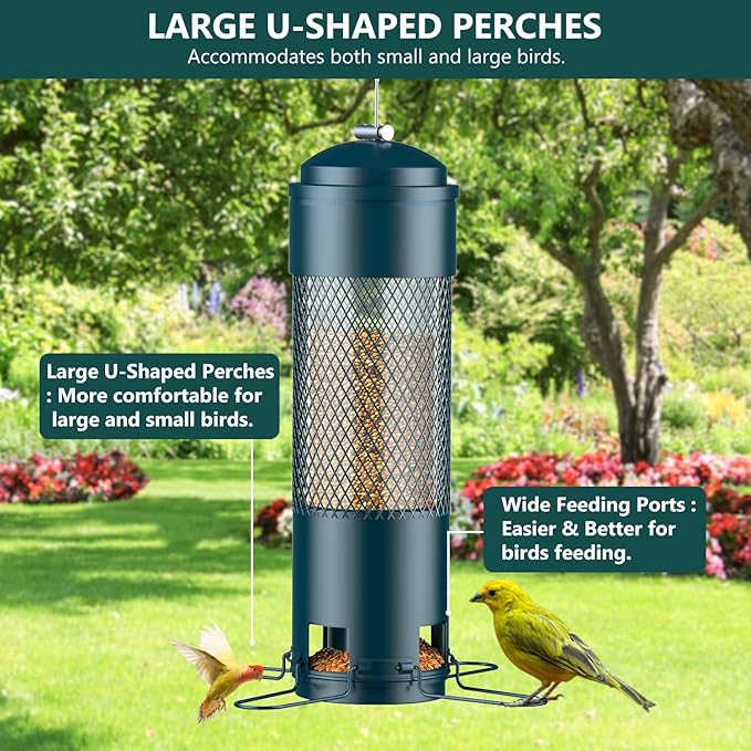 LCSEVEN Bird Feeders for Outdoors Squirrel Proof with Weight-Activated Perches, Hanging Bird Feeder for Outside, Metal Feeder for Wild Cardinal, Finch, Blue Jay, Chickadee, 3LB Seed Capacity, Green