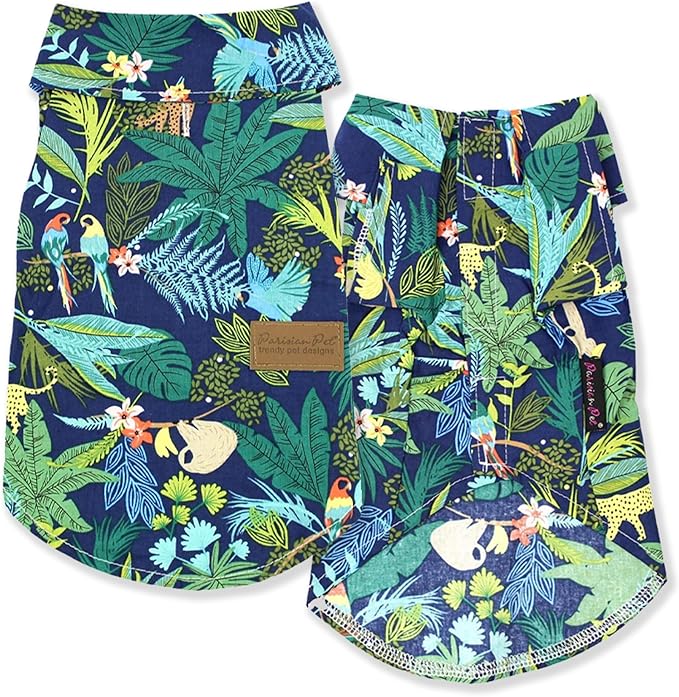Parisian Pet Unisex Amazonia Shirt - Leafy Beach Outfit for Dogs - Cotton Summer Clothes - Stylish Hook and Loop Closure Costume - Machine Washable Shirts for Small Dogs - XS