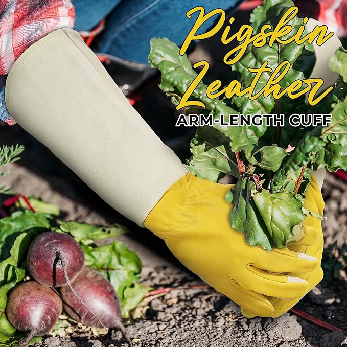 HANDLANDY Rose Pruning Gardening Gloves for Men Women, Thorn Proof Forearm Protection Leather Garden Gloves, Gardening Gifts for Gardeners (Yellow- goatskin, Medium (Pack of 1))