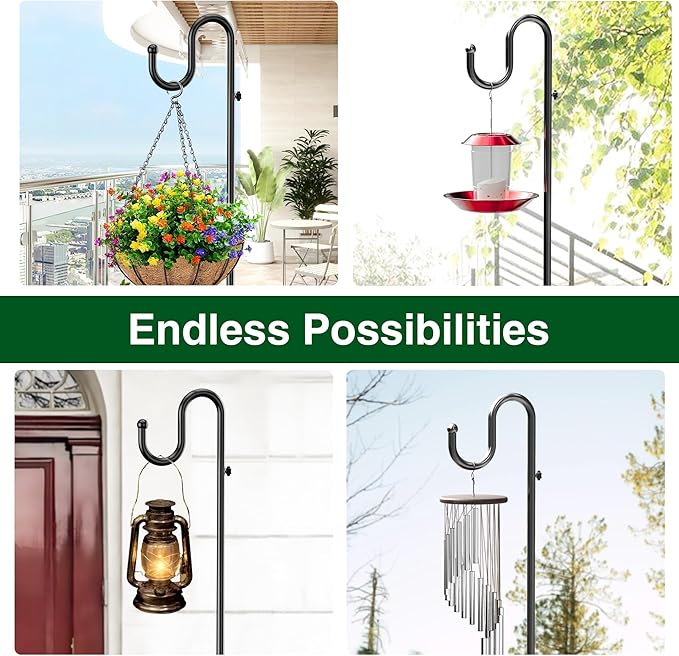 74" Shepherds Hook Stand for Plant: Hanging Bird Feeders, Plants, Lanterns, Wreath and Wind Chimes, Adjustable Free Standing Pole Holder with Heavy Duty Base for Indoor & Outdoor, Holds Up to 20 LBS